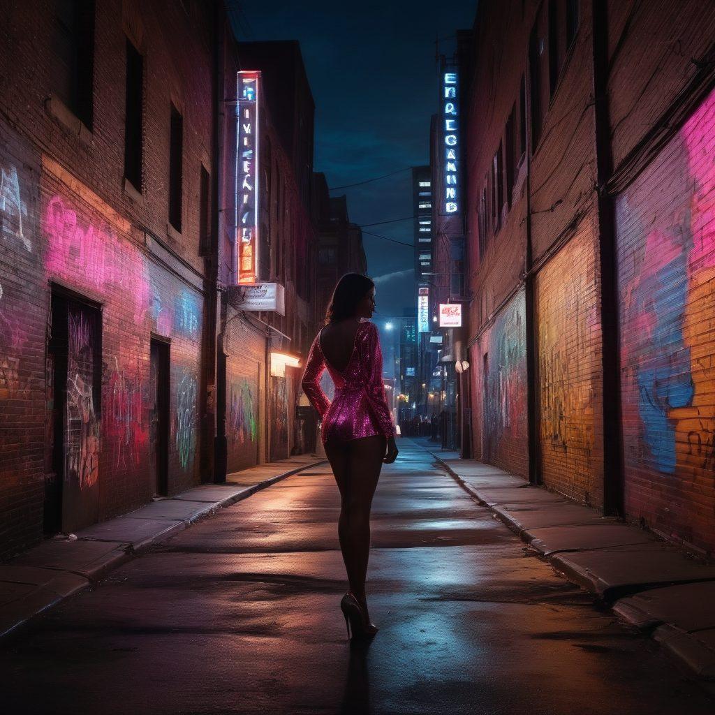 A striking juxtaposition of a glamorous, sparkling city skyline at night shimmering with neon lights, against a backdrop of a gritty alleyway with textured brick walls covered in graffiti. A silhouette of a confident figure dressed in elegant attire stands at the intersection of both worlds, representing the blend of glitz and grit in the adult entertainment industry. The scene captures a sense of allure and realism, inviting viewers into this vibrant yet challenging environment. super-realistic. neon colors. cinematic lighting.